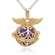Golden Tone Brass Hollow Round Cage Pendants, with No Hole Spray Painted Brass Ball Beads, Blue Violet, 28x27x20mm, Hole: 3x8mm(KK-J237-03G)