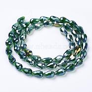 Electroplate Glass Beads Strands, AB Color Plated, Faceted Teardrop, Dark Green, 15x10mm, Hole: 1mm, 50pcs/strand, 27.1 inch(EGLA-D015-15x10mm-27)