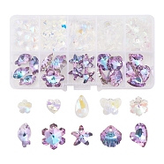 70Pcs 10 Style Electroplate Glass Pendants, Faceted, Heart & Butterfly & Snowflake & Fish & Shell Charms, Mixed Color, 10~20x9~17.5x5~9mm, hole: 0.5~1.5mm(GLAA-FS0001-57)