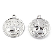 201 Stainless Steel Pendants, Flat Round with Fox Charm, Stainless Steel Color, 23.5x20.5x3mm, Hole: 2mm(STAS-N098-142P)