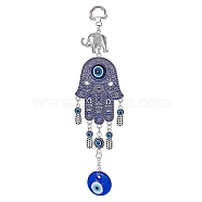 Elephant & Hamsa Hand & Evil Eye Turkish Lucky Pendant Decorations, Alloy Enamel & Glass Car Hanging Ornament, Blue, 216mm(HJEW-WH0036-57)