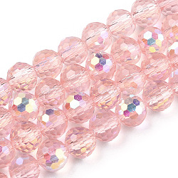 Transparent Electroplate Glass Beads Strands, Faceted(96 Facets), Half AB Color Plated, Round, Pink, 6x5mm, Hole: 1mm, about 95~100pcs/strand, 20.47~21.34 inch(52~54.2cm)(EGLA-TAC0006-05A)