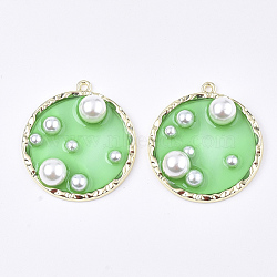 Epoxy Resin Pendants, with ABS Plastic Imitation Pearl, Alloy Findings and Enamel, Flat Round, Golden, Spring Green, 36x33x8mm, Hole: 1.8mm(RESI-S365-84E)