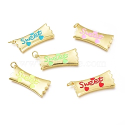 Real 18K Gold Plated Brass Enamel Pendants, Long-Lasting Plated, with Jump Rings, Lead Free & Cadmium Free, Rectangle with Word Sweet, Mixed Color, 31x14x3mm, Jump Ring: 5x1mm, Inner Diameter: 3mm(KK-A150-06G-RS)