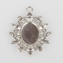 Vintage Tibetan Style Alloy Flower Pendant Cabochon Bezel Settings, Cadmium Free & Lead Free, Antique Silver, Oval Tray: 13x18mm, 42x33x2mm, Hole: 3mm(X-TIBEP-O006-39AS)