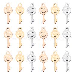 Unicraftale 18Pcs 3 Colors  Vacuum Plating 304 Stainless Steel Charms, Cut-Out, Manual Polishing, Hollow, Key with Smiling face, Mixed Color, 13x5.5x1mm, Hole: 1mm, 6pcs/color(STAS-UN0028-70)