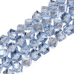 Electroplate Transparent Glass Beads Strands, , Faceted, Diagonal Cube Beads, Cornflower Blue, 8.5x9.5x9.5mm, Hole: 1.5mm, about 80pcs/strand, 25.98 inch(66cm)(EGLA-N002-29-F01)