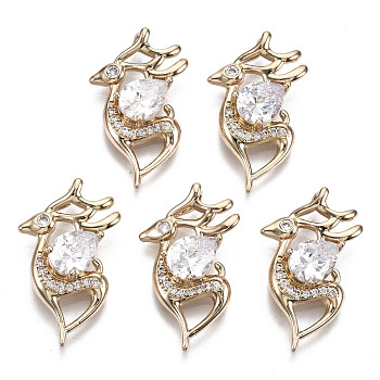 Brass Micro Pave Cubic Zirconia Pendants, Sika Deer, Long-Lasting Plated, Light Gold, Clear, 23.5x14x5mm, Hole: 2mm