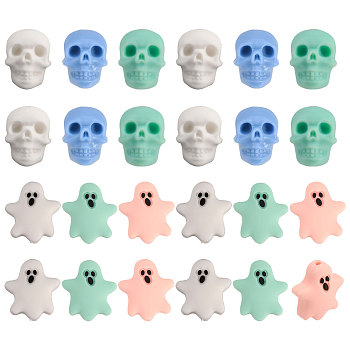 24Pcs 6 Style Halloween Silicone Beads, DIY Nursing Necklaces and Bracelets Making, Chewing Pendants For Teethers, Skull/Ghost, Mixed Color, 21~22.5x16~20.5x9.5~20mm, Hole: 2.5~3mm, 4pcs/style