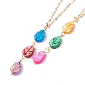Natural Shell Leaf Pendant Necklace with 304 Stainless Steel Chains for Women, Golden, Colorful, 17.76~17.91 inch(45.1~45.5cm)