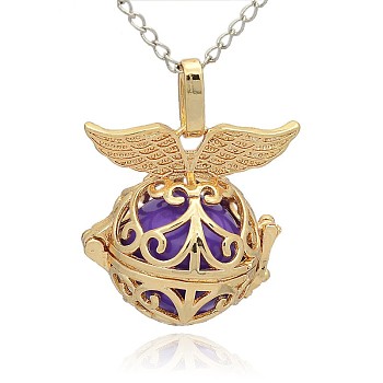 Golden Tone Brass Hollow Round Cage Pendants, with No Hole Spray Painted Brass Ball Beads, Blue Violet, 28x27x20mm, Hole: 3x8mm