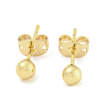 Brass Ear Studs, Round Ball, Real 18K Gold Plated, 16x4mm