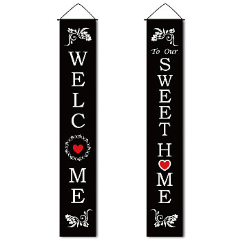 Rectangle Door Wall Hanging Polyester Sign for Festival, for Festival Party Decoration Supplies, Welcome Sweet Home, Black, 180x30cm, 2pcs/set