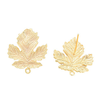 Brass Stud Earring Findings, with Horizontal Loops, Maple Leaf, Nickel Free, Golden, 21.5x18mm, Hole: 1.2mm, Pin: 0.8mm