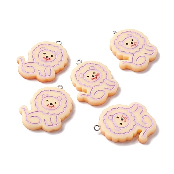 Opaque Resin Pendants, with Platinum Tone Iron Loop, Imitation Biscuits, Lion, Sandy Brown, 36.5~37x28~31x4~5mm, Hole: 1.5mm