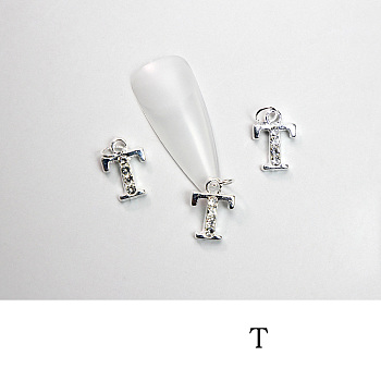 Alloy Rhinestone Cabochons, Nail Art Decoration Accessories, with Jump Ring, Letter, Platinum, Letter.T, 11~14x5~12mm