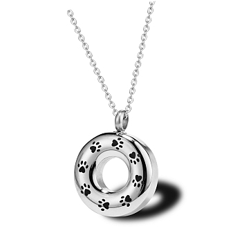 Donut with Paw Print Locket Pendant Pet Memorial Necklace, Titanium Steel Urn Ashes Pendant Necklace for Men Women, Stainless Steel Color, 17.72 inch(45cm)
