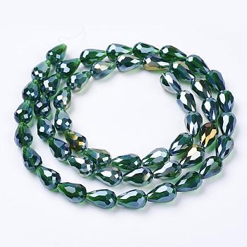 Electroplate Glass Beads Strands, AB Color Plated, Faceted Teardrop, Dark Green, 15x10mm, Hole: 1mm, 50pcs/strand, 27.1 inch