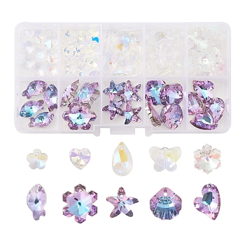 70Pcs 10 Style Electroplate Glass Pendants, Faceted, Heart & Butterfly & Snowflake & Fish & Shell Charms, Mixed Color, 10~20x9~17.5x5~9mm, hole: 0.5~1.5mm