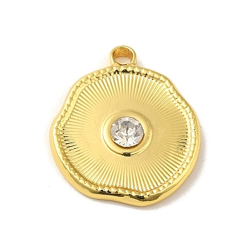 304 Stainless Steel Pendants, with Rhinestone, Flat Round Charm, Real 18K Gold Plated, 22x19.5x4mm, Hole: 2mm