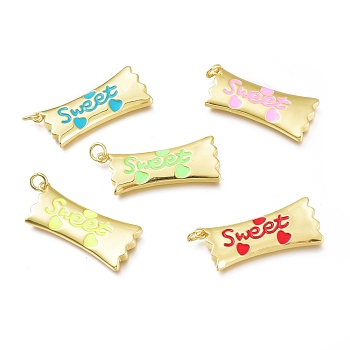 Real 18K Gold Plated Brass Enamel Pendants, Long-Lasting Plated, with Jump Rings, Lead Free & Cadmium Free, Rectangle with Word Sweet, Mixed Color, 31x14x3mm, Jump Ring: 5x1mm, Inner Diameter: 3mm