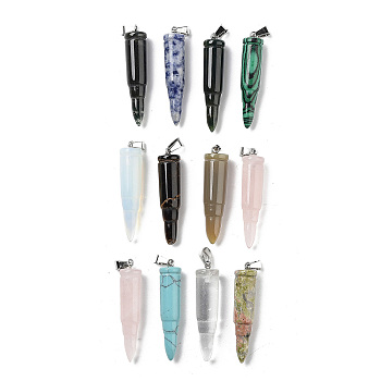 Natural & Synthetic Mixed Gemstone Pointed Pendants, Bullet Shape Charms with Platinum Plated Iron Snap on Bails, 42.5~45x9.5~11mm, Hole: 6x3.5mm