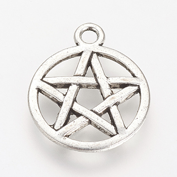 Tibetan Style Alloy Pendants, Wicca Pendants, Flat Round with Star, Cadmium Free & Lead Free, Antique Silver, 20x16.5x2mm, Hole: 2mm, about 800pcs/1000g
