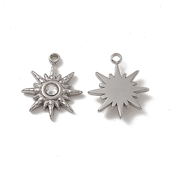 201 Stainless Steel Pendants, with Rhinestone, Sun Charm, Stainless Steel Color, 12x10x2mm, Hole: 1.2mm