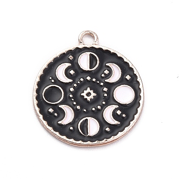 Alloy Enamel Pendants, Flat Round with Moon Phase Charm, Rose Gold, 23x20x1mm, Hole: 2mm