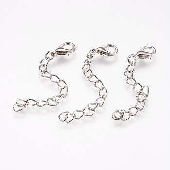 Iron Chain Extender, with Alloy Lobster Claw Clasps, Rack Plating, Platinum, 60~68x3.5mm, Clasp: 12x7x3mm