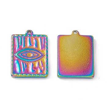 Ion Plating(IP) 304 Stainless Steel Pendant Rhinestone Settings, Wave Textured, Rectangle with Eye Pattern Charms, Rainbow Color, Fit for 2mm Rhinestone, 21x15x2.2mm, Hole: 1.2mm