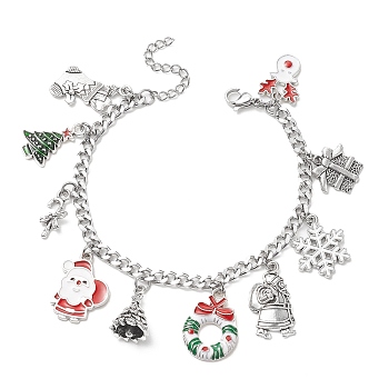 Christmas Tree & Deer & Wreath & Santa Claus Alloy Enamel Charm Bracelet, 304 Stainless Steel Jewelry for Women, Colorful, 7-1/8 inch(18.2cm)