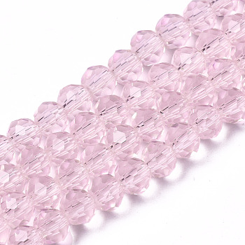 Glass Beads Strands, Faceted, Rondelle, Pink, 4x3mm, Hole: 0.4mm, about 123~127pcs/strand, 16.5~16.9 inch(42~43cm)