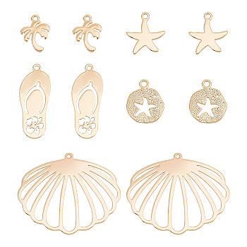 10Pcs 5 Style Brass Charms, Coconut Tree & Starfish & Flat Round, Real 18K Gold Plated, 12~26x8.5~31.5x1mm, Hole: 0.9~1mm, 2pcs/style