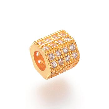 Brass Micro Pave Cubic Zirconia European Beads, Large Hole Beads, Hexagon, Golden, 7x8x7mm, Hole: 4mm