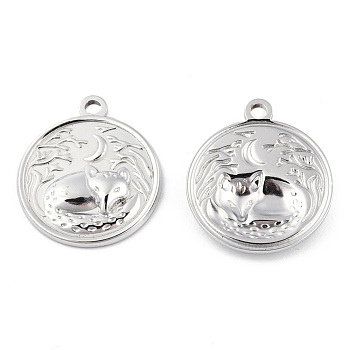 201 Stainless Steel Pendants, Flat Round with Fox Charm, Stainless Steel Color, 23.5x20.5x3mm, Hole: 2mm