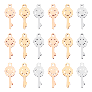 Unicraftale 18Pcs 3 Colors  Vacuum Plating 304 Stainless Steel Charms, Cut-Out, Manual Polishing, Hollow, Key with Smiling face, Mixed Color, 13x5.5x1mm, Hole: 1mm, 6pcs/color