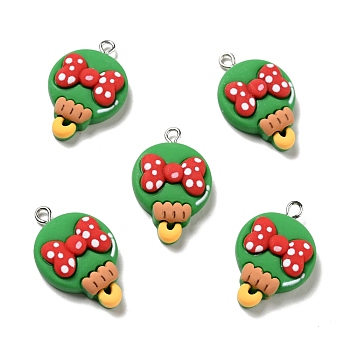 Christmas Opaque Resin Pendants, with Platinum Tone Iron Loops, Lollipop with Bowknot Charm, Green, 30.5x19x7mm, Hole: 2x2.7mm