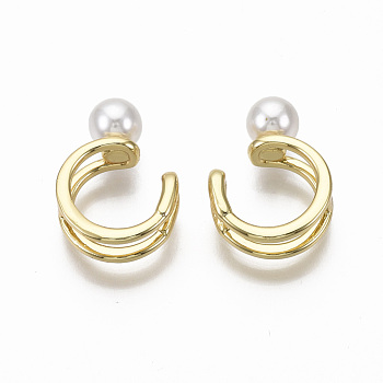 Brass Cuff Earrings, with ABS Plastic Imitation Pearl, Nickel Free, Real 18K Gold Plated, 9.5x6mm