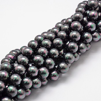 Shell Pearl Bead Strands, Rainbow Plated, Grade A, Round, Black, 10mm, Hole: 1mm, about 41pcs/strand, 16 inch