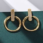Brass Micro Pave Clear Cubic Zirconia Ring Dangle Stud Earrings, Nickel Free, Real 18K Gold Plated, 39.5x27.5mm(EJEW-F374-01G)