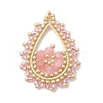 Glass Seed Bead & Dyed Natural Malaysia Jade Pendants, Teardrop Charm, with 201 Stainless Steel Linking Rings, Pearl Pink, 35.5x26x4.5mm, Hole: 2.5mm(PALLOY-MZ01280-01)