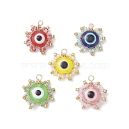 Seed Beads Pendants, with Resin Beads and Copper Wire, Sun with Evil Eye, Mixed Color, 18.5~20x18~19x5~6mm, Hole: 1.8~2.2mm(PALLOY-MZ00220)