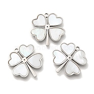 304 Stainless Steel Charms, with Pave Shell, Clover Charm, Stainless Steel Color, 14.5x14.5x1.5mm, Hole: 1mm(STAS-S148-07P)