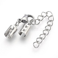 304 Stainless Steel Chain Extender, with Cord Ends and Lobster Claw Clasps, Stainless Steel Color, 36mm, Chain Extenders: 43mm, Cord End: 10.5x5x4.5mm, Inner Diameter: 4~4.5mm, Clasp: 12x7x3.5mm(STAS-P207-01P-D)