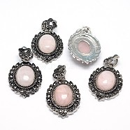 Natural Rose Quartz Gothic Pendants, with Antique Silver Plated Zinc Alloy Rhinestone Findings, Oval, Lead Free & Nickel Free, Total Length: 47~48.5mm, Hole: 5x7mm, Oval Pendant: 39~40x27~27.5x7.5~9mm(X-G-F228-18G-FF)