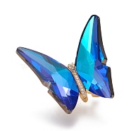 Brass Micro Pave Clear Cubic Zirconia Brooches, with Faceted Glass and Cardboard Boxes, Back Plated, Butterfly, Golden, Blue, 43x45x26mm, Pin: 0.8mm(JEWB-L012-L-A04)