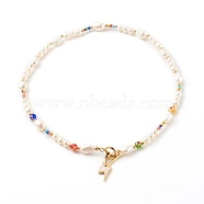 Lightning Brass Enamel Pendants Necklaces, with Natural Pearls and Glass Beads, Brass Beads, 304 Stainless Steel Toggle Clasps, Real 18K Gold Plated, 18.31 inch(46.5cm)(NJEW-JN03475-01)