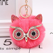 Pom Pom Ball Keychain, with KC Gold Tone Plated Alloy Lobster Claw Clasps, Iron Key Ring and Chain, Owl, Cerise, 12cm(KEYC-PW0002-033K)