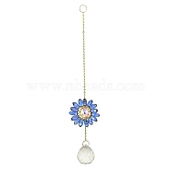 Glass Flower Hanging Suncatchers, Round Tassel for Window Garden Decorations, Royal Blue, 275~280mm(HJEW-P018-F04)